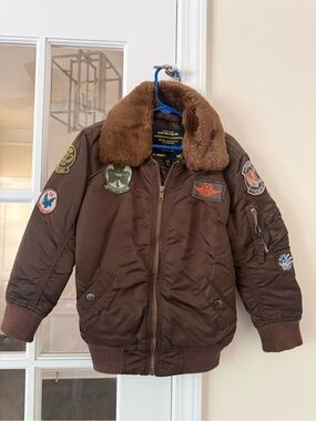 Alpha Industries Kids Brown Puffer Jacket with Faux-Fur Collar and Patch Accents